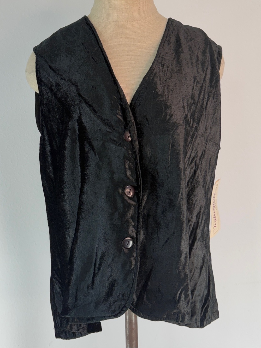 VTG 90s Deadstock Black Crushed Velvet Vest Button Front Whimsigoth Grunge 12‎